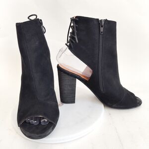 Jeffrey Campbell Black Suede Ankle Boots Booties 8.5 Open Toe Block Heel Corset